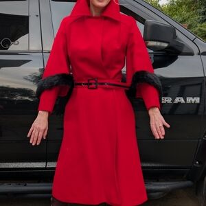 Vintage  Red Coat with Black Fur Trim